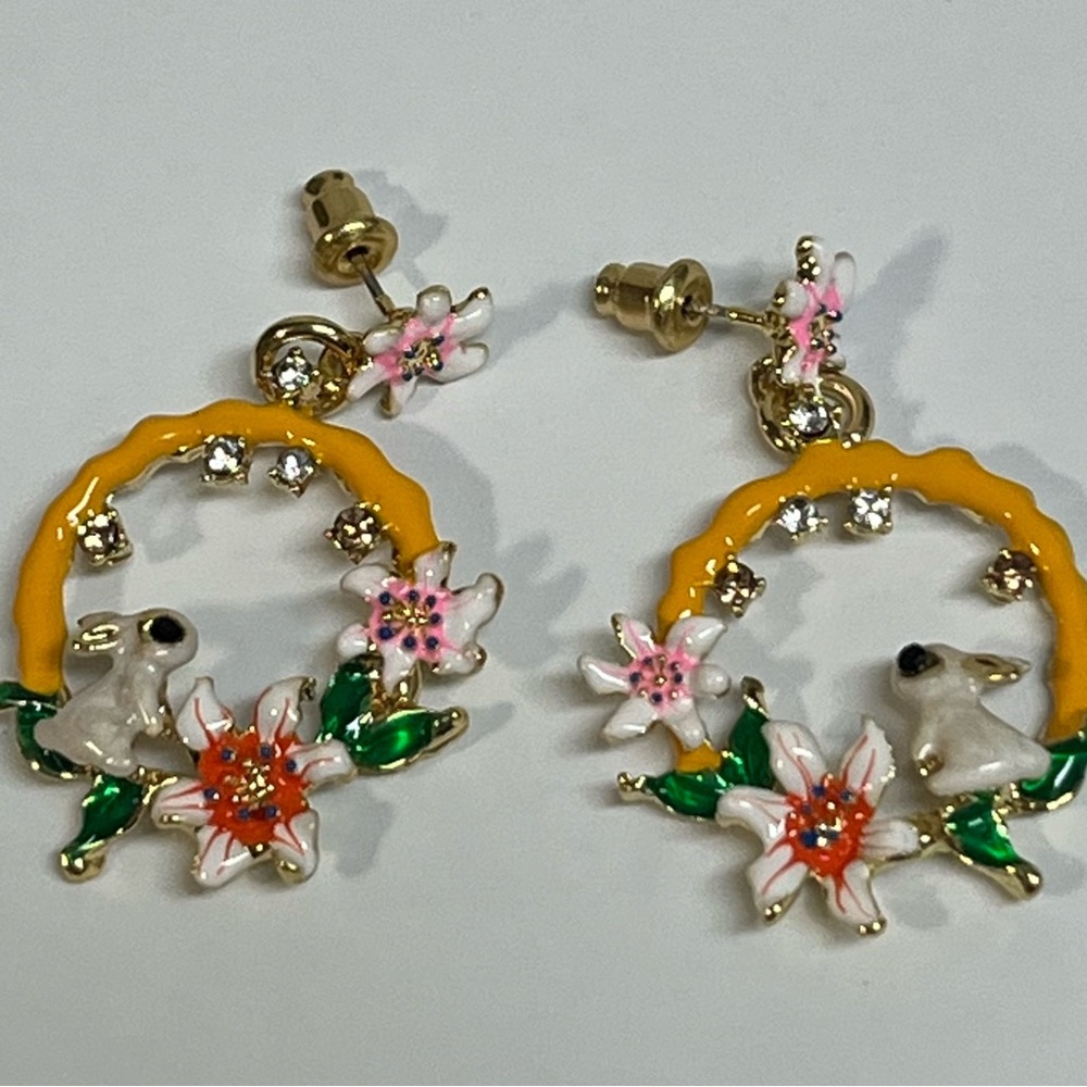 Charming Fluffy Bunny Floral Enamel Hoop Earrings. - Picture 3 of 5